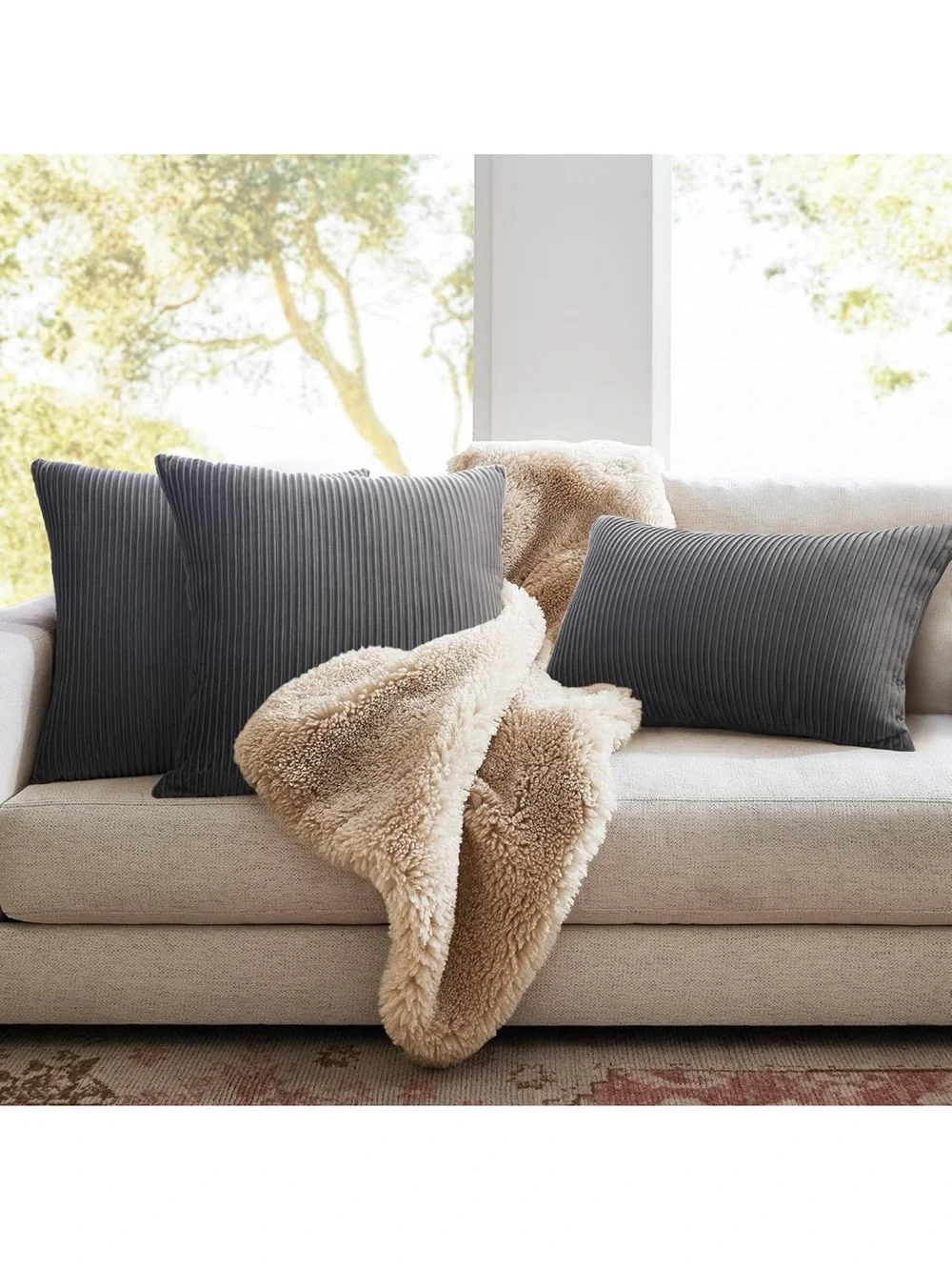 Gray Pillow Covers Velvet Striped Pattern - Soft Throw Pillows For Home Decor